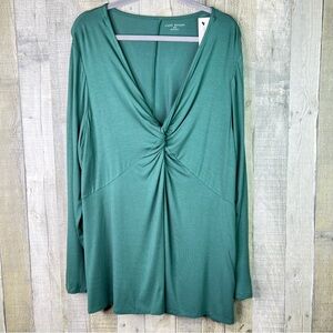 Lane Bryant Size 22/24 Green V-Neck Twisted Front Long Sleeve Tunic Shirt Top